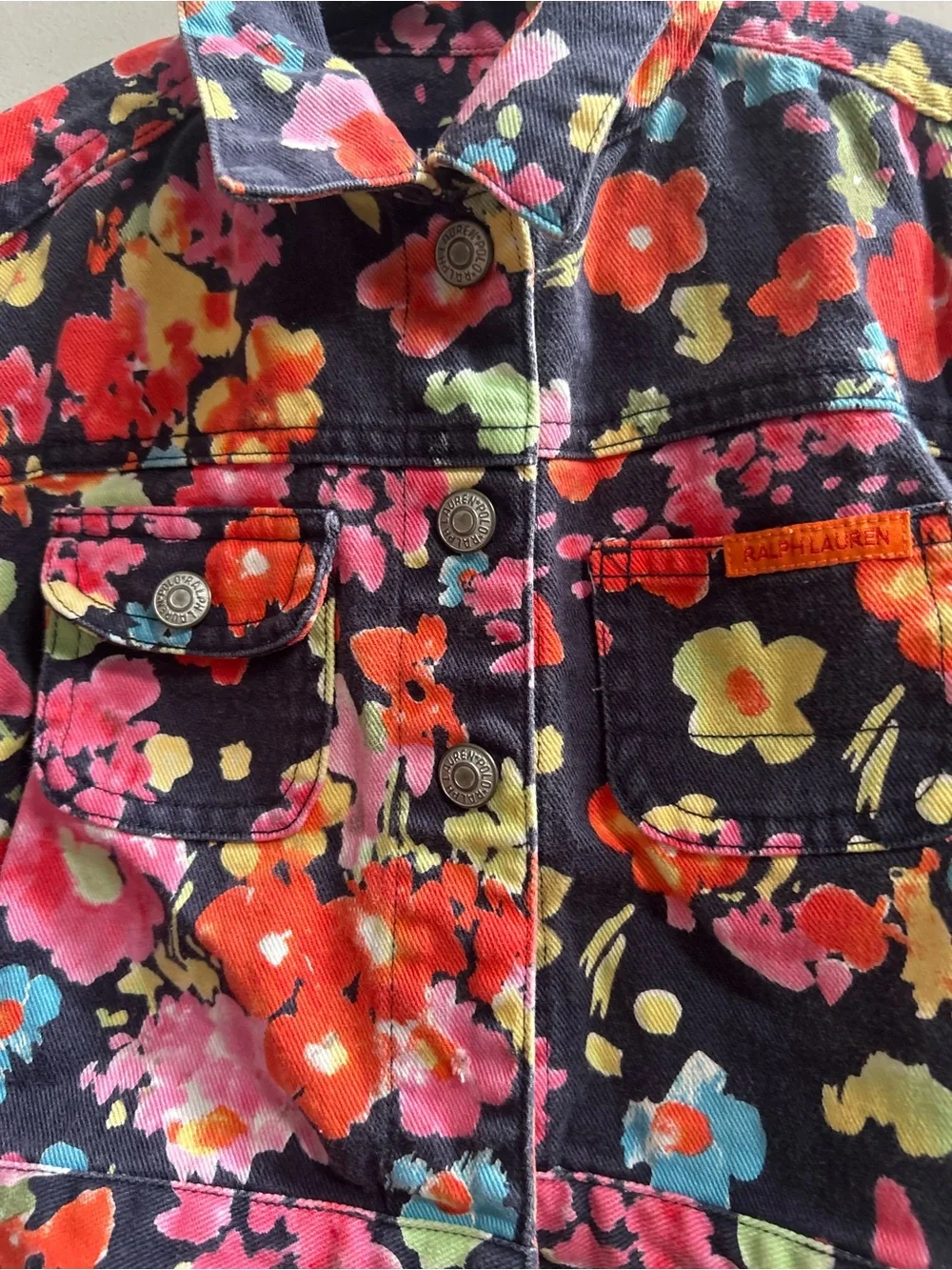 Ralph Lauren Black Floral Print Denim Jacket with Bright Blooms Sz 4T